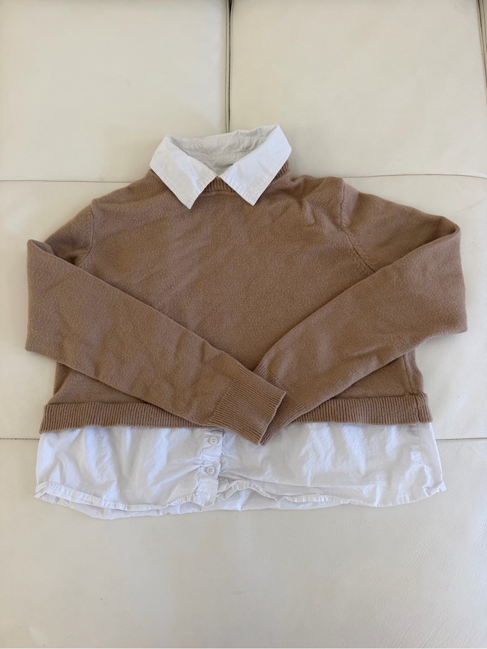 BCBG Taupe Knit Top with Attached White Shirt Detail